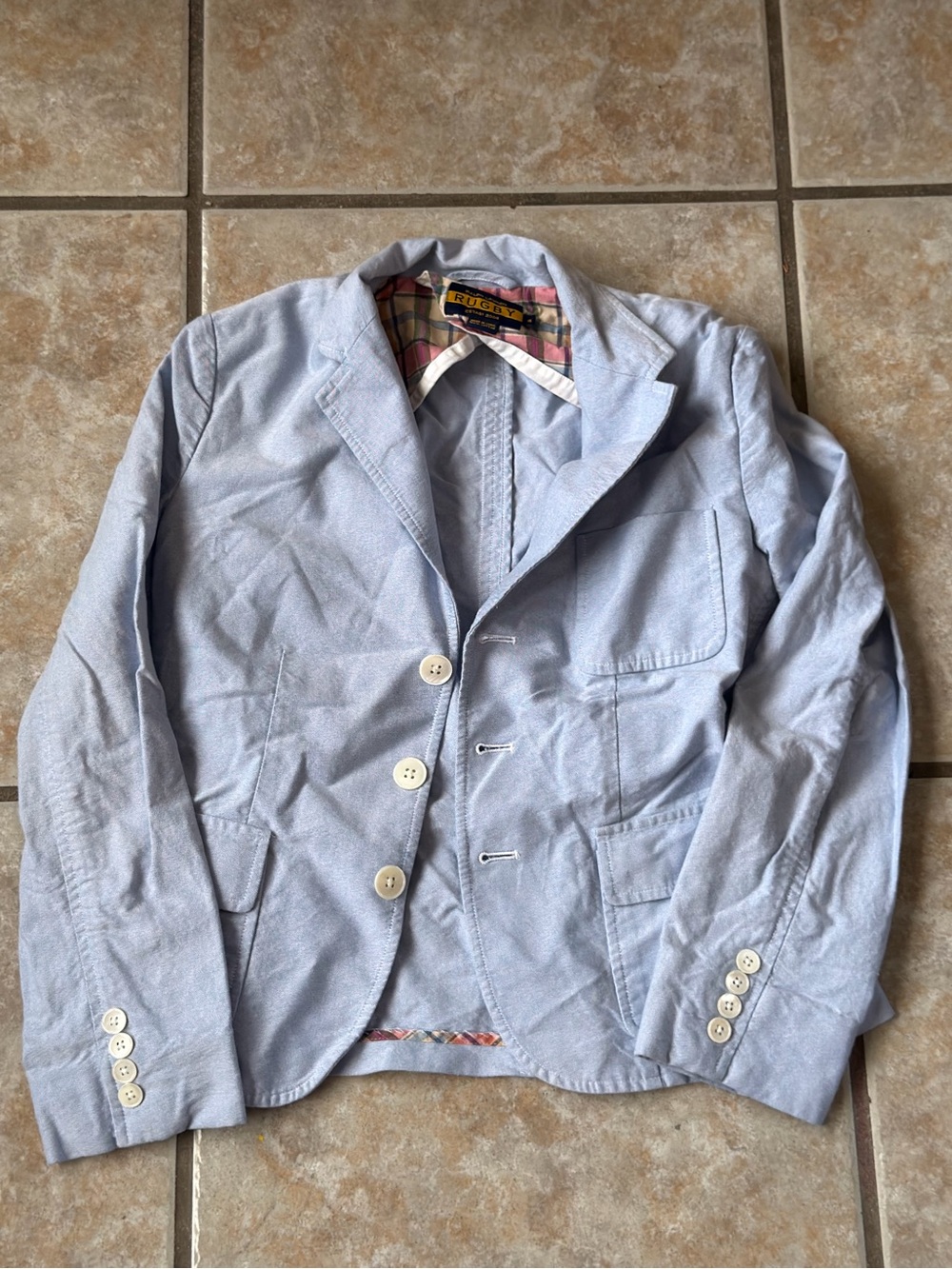 Rugby Ralph Lauren Women's Cotton Oxford Blazer Jacket Light Blue Size 4 Plaid